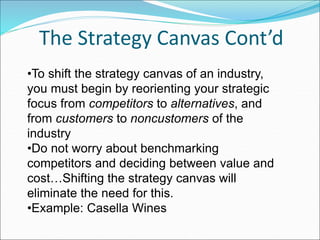 The Strategy Canvas Cont’d
•To shift the strategy canvas of an industry,
you must begin by reorienting your strategic
focus from competitors to alternatives, and
from customers to noncustomers of the
industry
•Do not worry about benchmarking
competitors and deciding between value and
cost…Shifting the strategy canvas will
eliminate the need for this.
•Example: Casella Wines
 