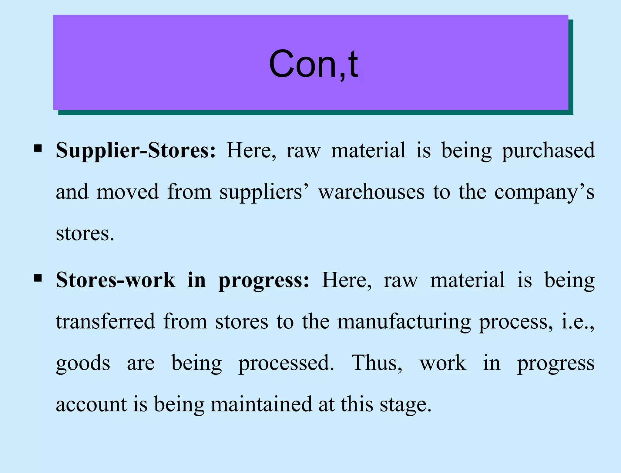 Con,t
 Supplier-Stores: Here, raw material is being purchased
and moved from suppliers’ warehouses to the company’s
stores.
 Stores-work in progress: Here, raw material is being
transferred from stores to the manufacturing process, i.e.,
goods are being processed. Thus, work in progress
account is being maintained at this stage.
 