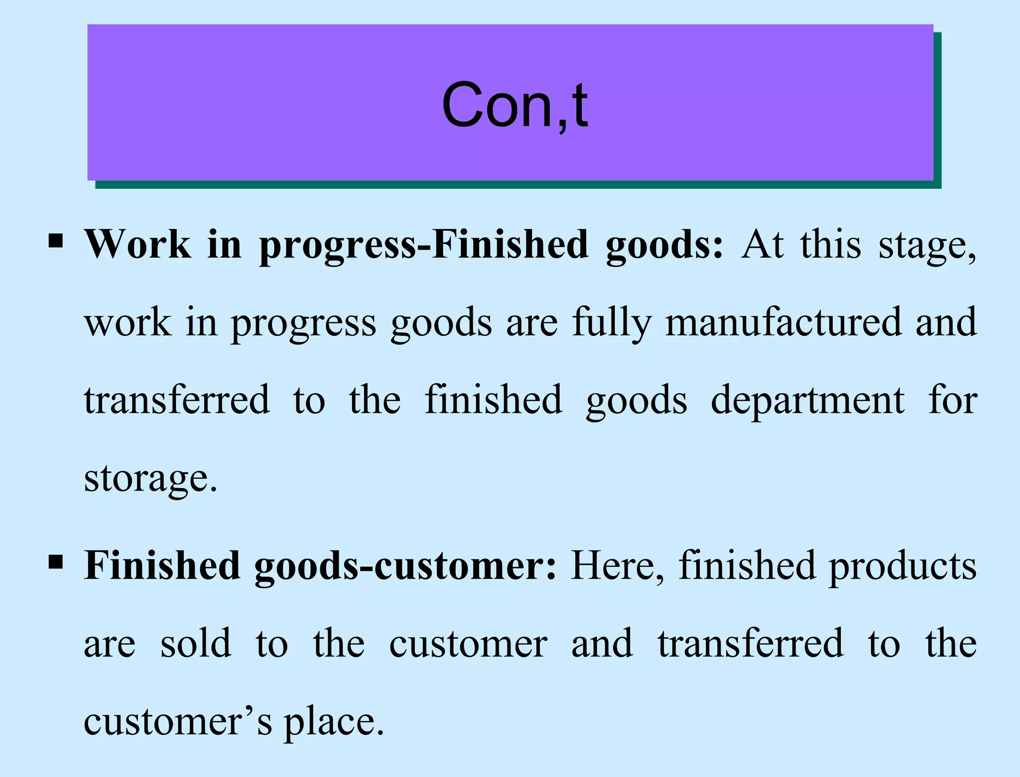 Con,t
 Work in progress-Finished goods: At this stage,
work in progress goods are fully manufactured and
transferred to the finished goods department for
storage.
 Finished goods-customer: Here, finished products
are sold to the customer and transferred to the
customer’s place.
 