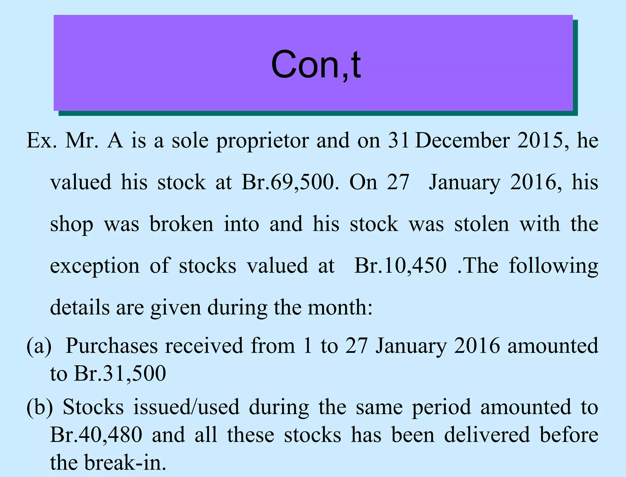 Con,t
Ex. Mr. A is a sole proprietor and on 31 December 2015, he
valued his stock at Br.69,500. On 27 January 2016, his
shop was broken into and his stock was stolen with the
exception of stocks valued at Br.10,450 .The following
details are given during the month:
(a) Purchases received from 1 to 27 January 2016 amounted
to Br.31,500
(b) Stocks issued/used during the same period amounted to
Br.40,480 and all these stocks has been delivered before
the break-in.
 