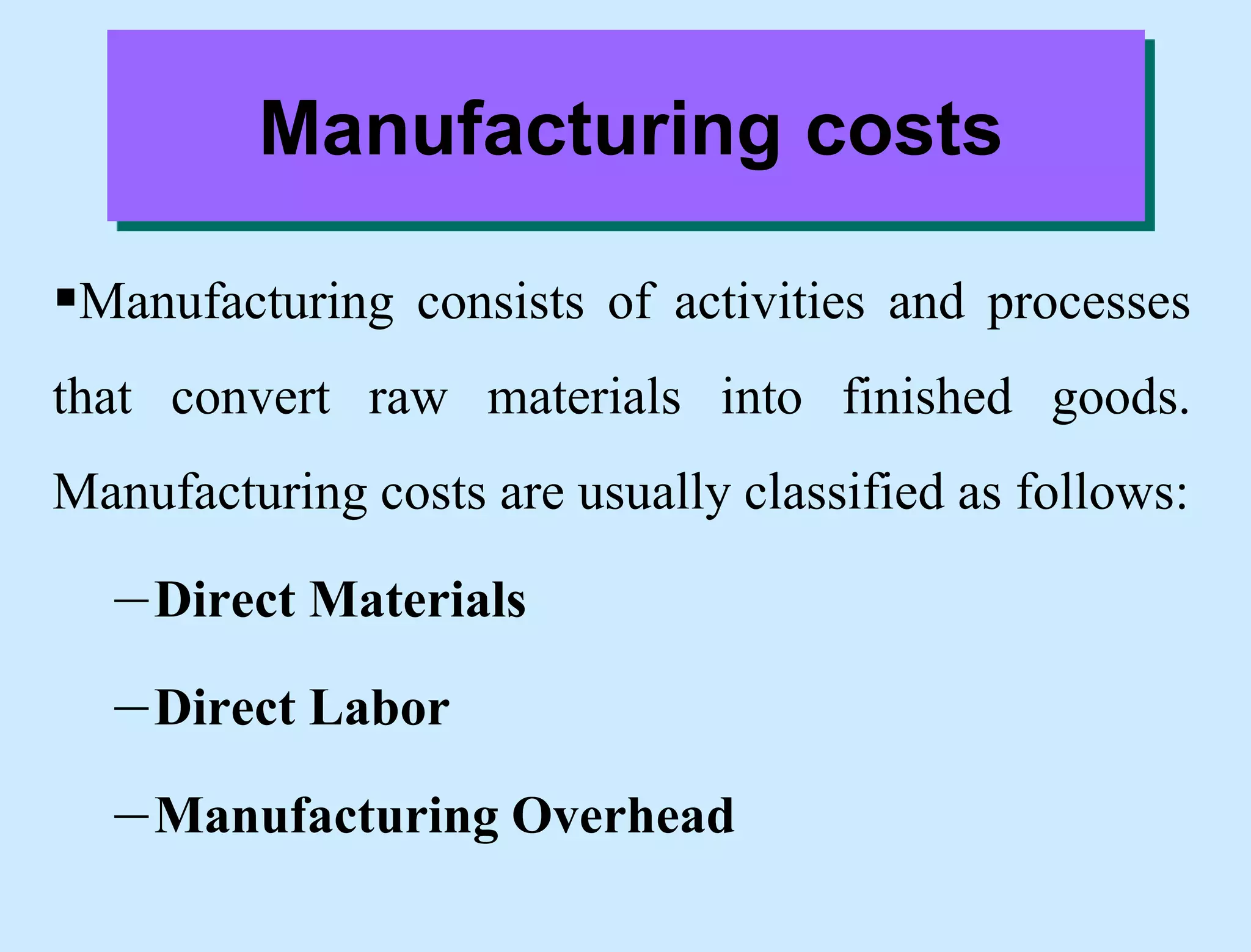 Manufacturing costs
Manufacturing consists of activities and processes
that convert raw materials into finished goods.
Manufacturing costs are usually classified as follows:
–Direct Materials
–Direct Labor
–Manufacturing Overhead
 