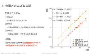@2022 Yasuto Terasawa
@2022/9/10 統計的因果推論輪読会 Ch2
4. 欠損メカニズムの話
欠損メカニズム
(1)MCAR
・欠損がランダムに生じる
(2)MAR
・欠損は観測データに依存して生じる(今回の例)
(...