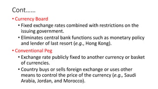 Cont……
• Currency Board
• Fixed exchange rates combined with restrictions on the
issuing government.
• Eliminates central bank functions such as monetary policy
and lender of last resort (e.g., Hong Kong).
• Conventional Peg
• Exchange rate publicly fixed to another currency or basket
of currencies.
• Country buys or sells foreign exchange or uses other
means to control the price of the currency (e.g., Saudi
Arabia, Jordan, and Morocco).
 
