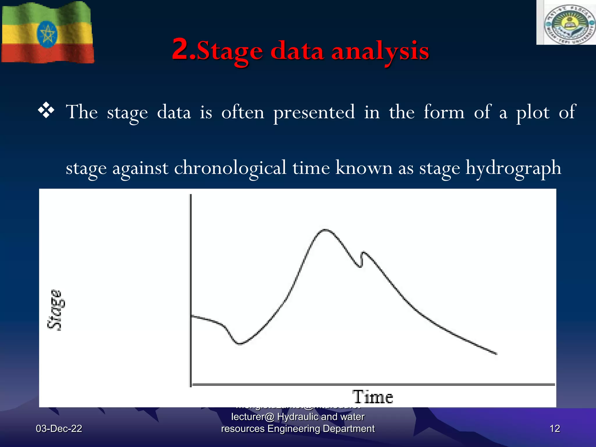 2.Stage data analysis
03-Dec-22
mengistuzantet@mtu.edu.et
lecturer@ Hydraulic and water
resources Engineering Department 12
 The stage data is often presented in the form of a plot of
stage against chronological time known as stage hydrograph
 