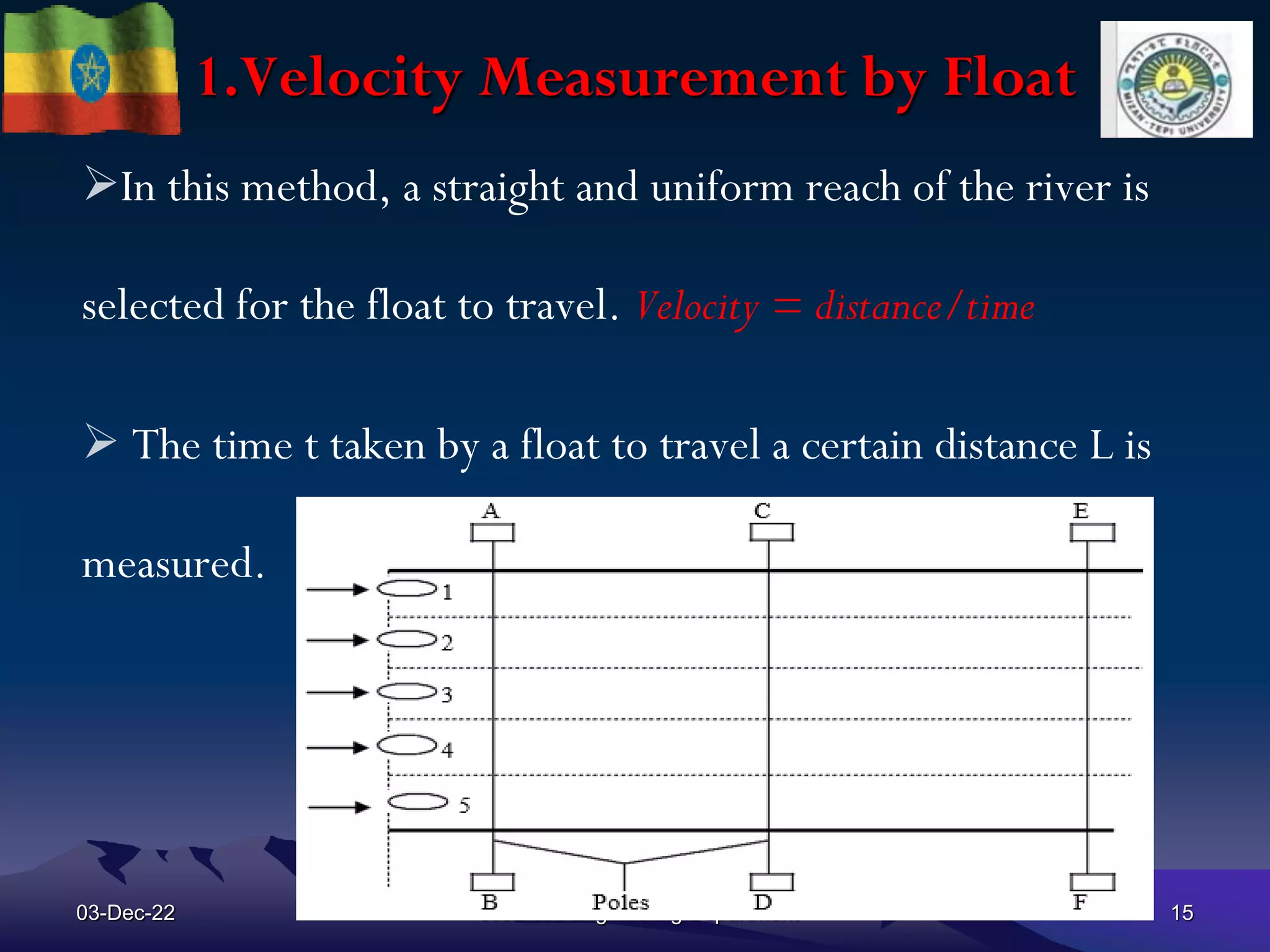 1.Velocity Measurement by Float
03-Dec-22
mengistuzantet@mtu.edu.et
lecturer@ Hydraulic and water
resources Engineering Department 15
In this method, a straight and uniform reach of the river is
selected for the float to travel. Velocity = distance/time
 The time t taken by a float to travel a certain distance L is
measured.
 