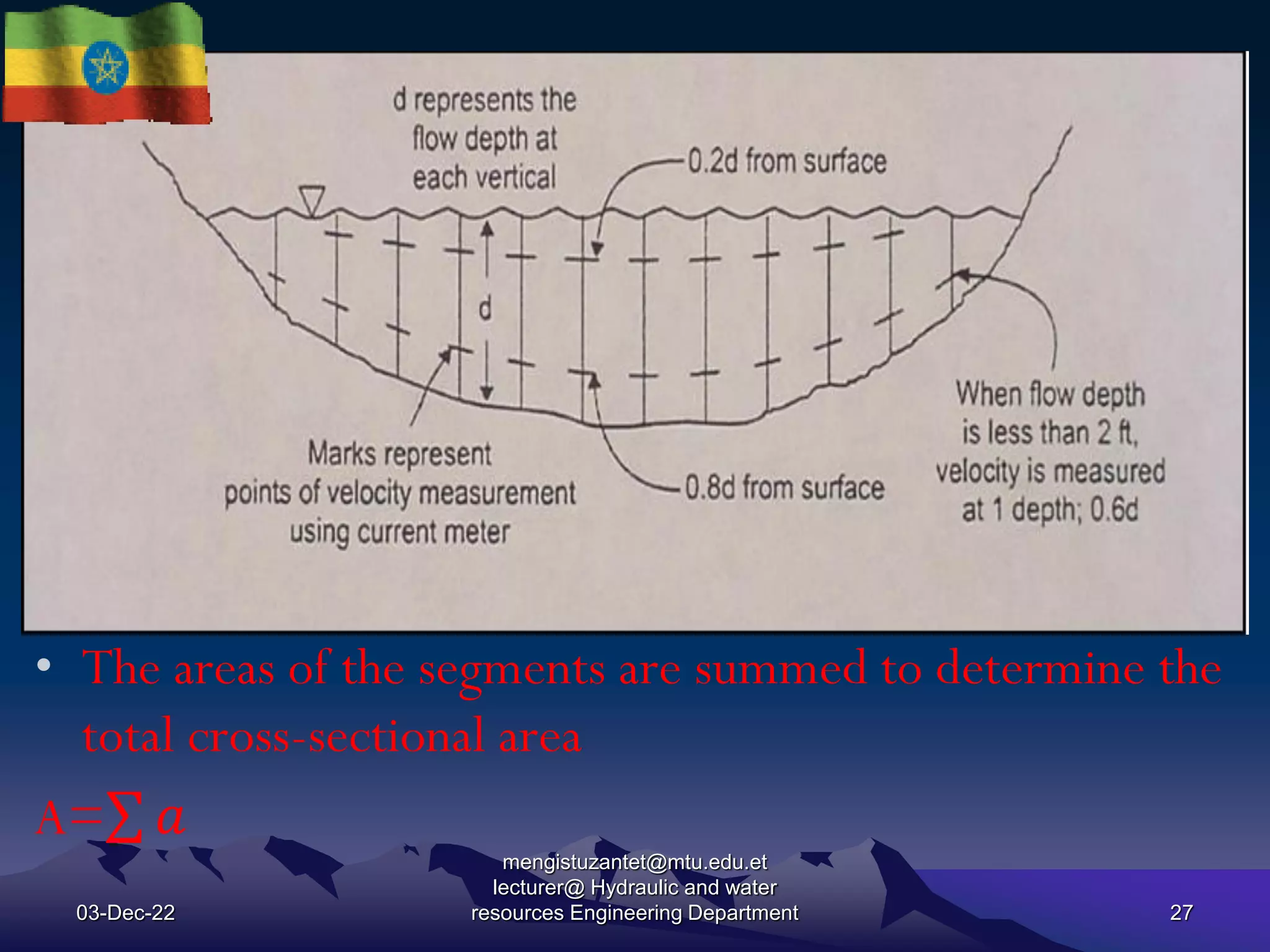 • The areas of the segments are summed to determine the
total cross-sectional area
A= 𝑎
03-Dec-22
mengistuzantet@mtu.edu.et
lecturer@ Hydraulic and water
resources Engineering Department 27
 