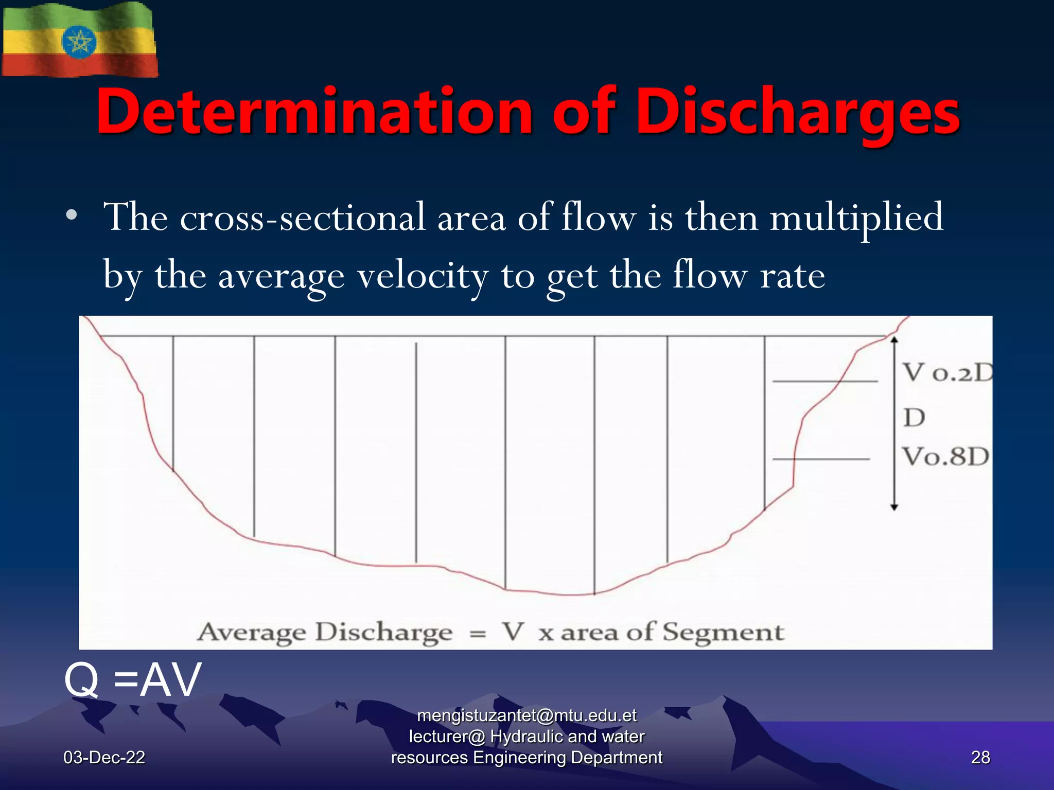 Determination of Discharges
• The cross-sectional area of flow is then multiplied
by the average velocity to get the flow rate
Q =AV
03-Dec-22
mengistuzantet@mtu.edu.et
lecturer@ Hydraulic and water
resources Engineering Department 28
 