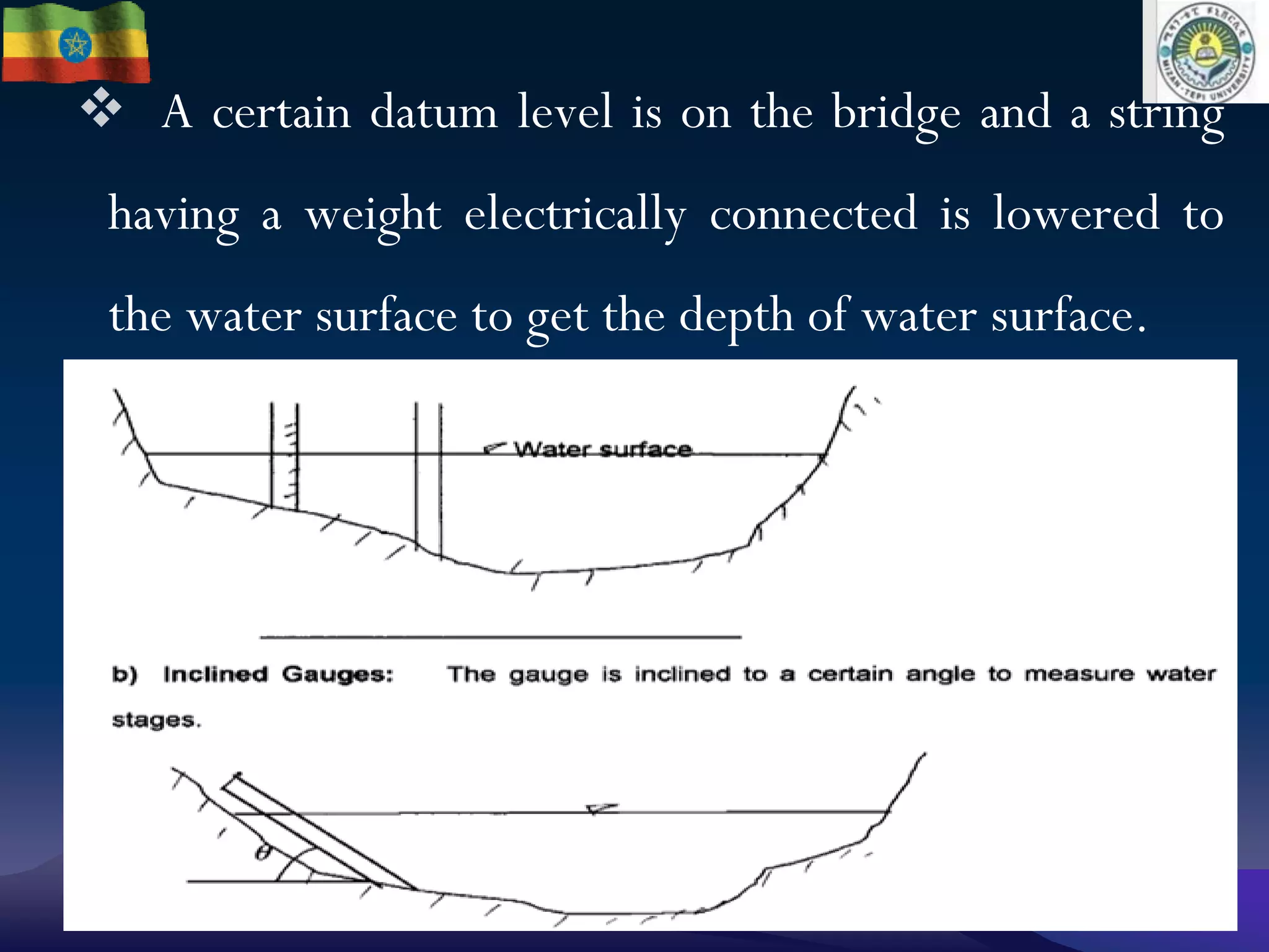 03-Dec-22
mengistuzantet@mtu.edu.et
lecturer@ Hydraulic and water
resources Engineering Department 5
 A certain datum level is on the bridge and a string
having a weight electrically connected is lowered to
the water surface to get the depth of water surface.
 