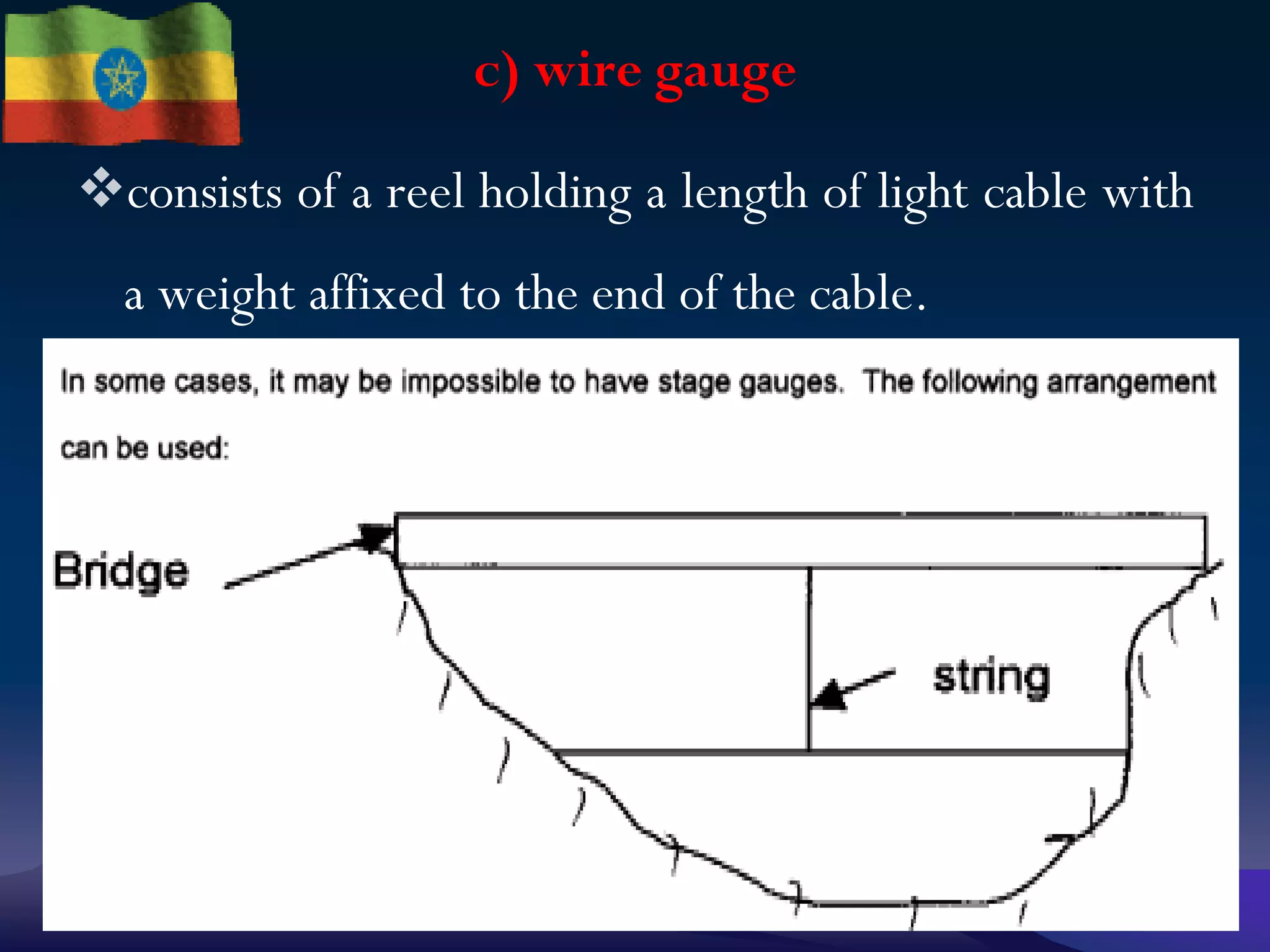 c) wire gauge
consists of a reel holding a length of light cable with
a weight affixed to the end of the cable.
03-Dec-22
mengistuzantet@mtu.edu.et
lecturer@ Hydraulic and water
resources Engineering Department 6
 