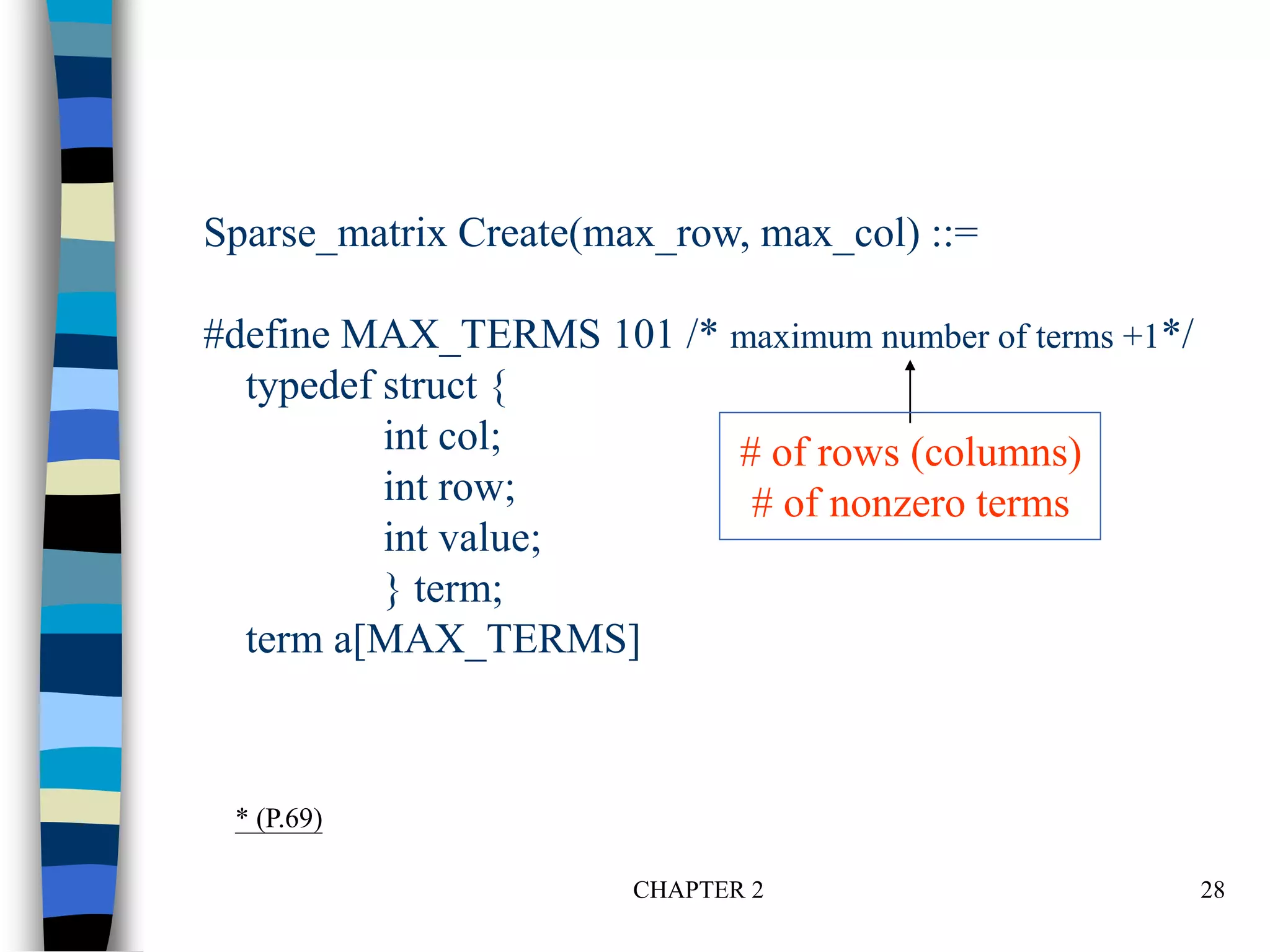 CHAPTER 2 28
Sparse_matrix Create(max_row, max_col) ::=
#define MAX_TERMS 101 /* maximum number of terms +1*/
typedef struct {
int col;
int row;
int value;
} term;
term a[MAX_TERMS]
* (P.69)
# of rows (columns)
# of nonzero terms
 