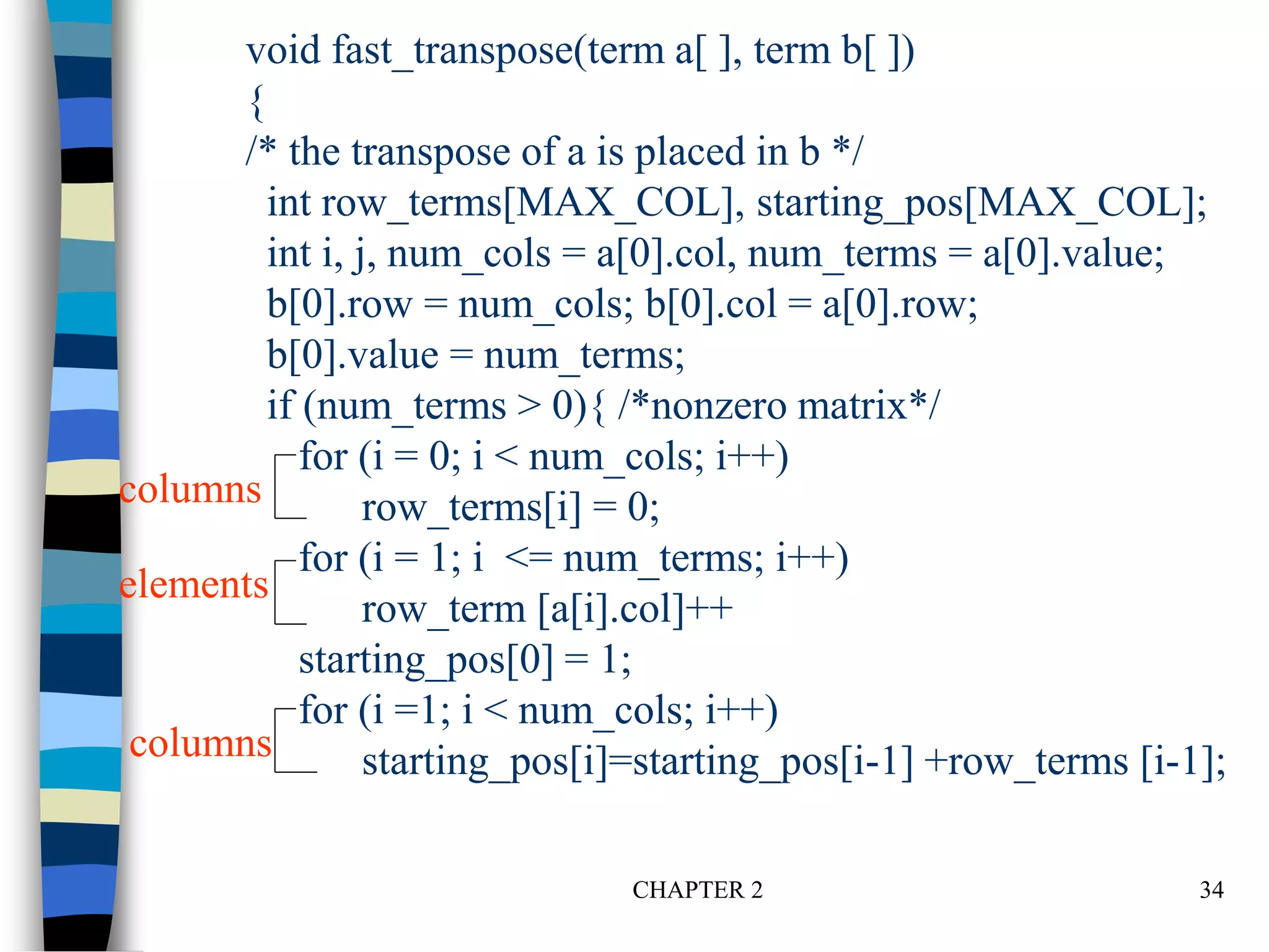 CHAPTER 2 34
void fast_transpose(term a[ ], term b[ ])
{
/* the transpose of a is placed in b */
int row_terms[MAX_COL], starting_pos[MAX_COL];
int i, j, num_cols = a[0].col, num_terms = a[0].value;
b[0].row = num_cols; b[0].col = a[0].row;
b[0].value = num_terms;
if (num_terms > 0){ /*nonzero matrix*/
for (i = 0; i < num_cols; i++)
row_terms[i] = 0;
for (i = 1; i <= num_terms; i++)
row_term [a[i].col]++
starting_pos[0] = 1;
for (i =1; i < num_cols; i++)
starting_pos[i]=starting_pos[i-1] +row_terms [i-1];
columns
elements
columns
 