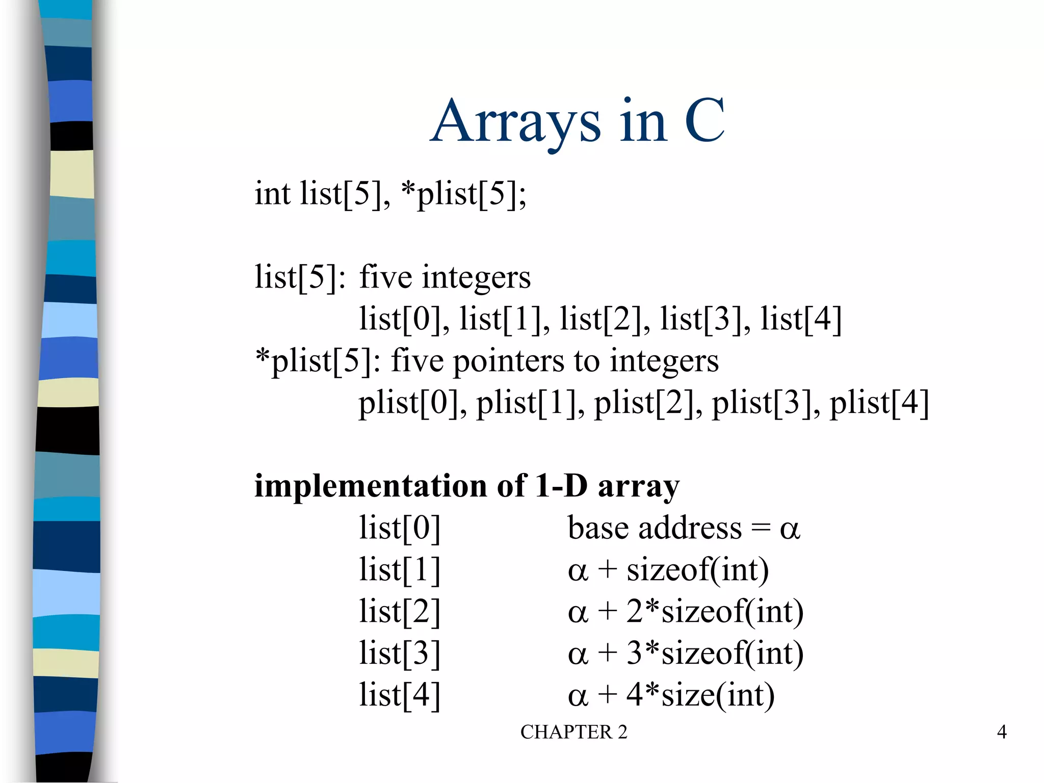 CHAPTER 2 4
Arrays in C
int list[5], *plist[5];
list[5]: five integers
list[0], list[1], list[2], list[3], list[4]
*plist[5]: five pointers to integers
plist[0], plist[1], plist[2], plist[3], plist[4]
implementation of 1-D array
list[0] base address = 
list[1]  + sizeof(int)
list[2]  + 2*sizeof(int)
list[3]  + 3*sizeof(int)
list[4]  + 4*size(int)
 