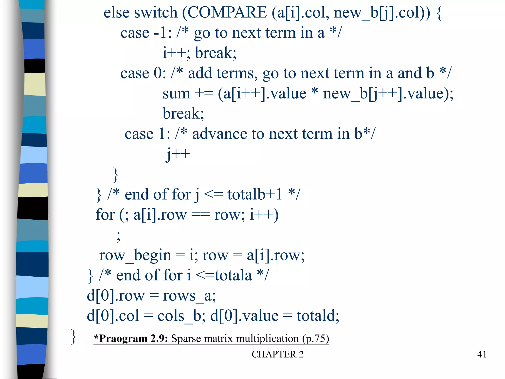 CHAPTER 2 41
else switch (COMPARE (a[i].col, new_b[j].col)) {
case -1: /* go to next term in a */
i++; break;
case 0: /* add terms, go to next term in a and b */
sum += (a[i++].value * new_b[j++].value);
break;
case 1: /* advance to next term in b*/
j++
}
} /* end of for j <= totalb+1 */
for (; a[i].row == row; i++)
;
row_begin = i; row = a[i].row;
} /* end of for i <=totala */
d[0].row = rows_a;
d[0].col = cols_b; d[0].value = totald;
} *Praogram 2.9: Sparse matrix multiplication (p.75)
 