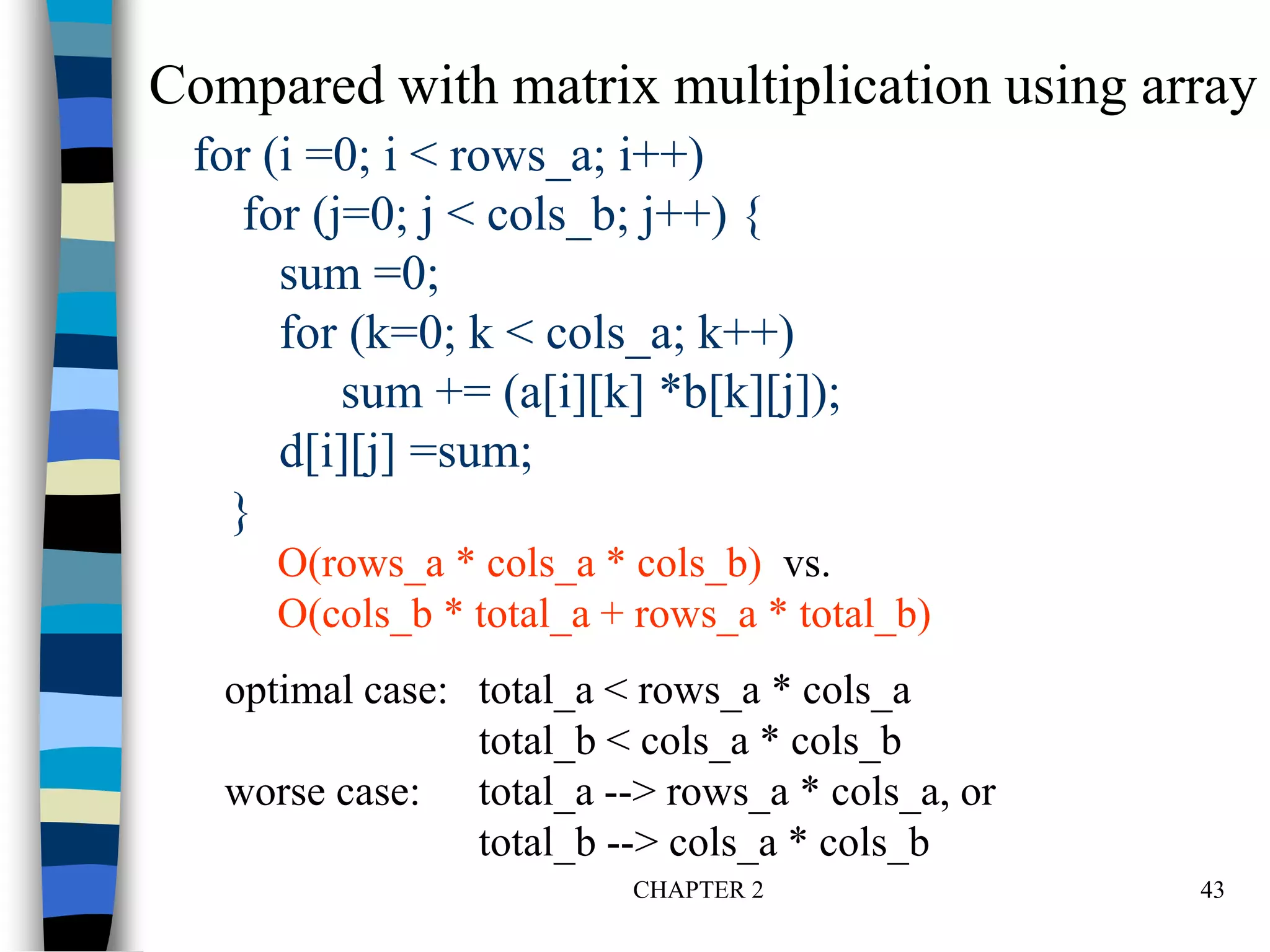 CHAPTER 2 43
for (i =0; i < rows_a; i++)
for (j=0; j < cols_b; j++) {
sum =0;
for (k=0; k < cols_a; k++)
sum += (a[i][k] *b[k][j]);
d[i][j] =sum;
}
Compared with matrix multiplication using array
O(rows_a * cols_a * cols_b) vs.
O(cols_b * total_a + rows_a * total_b)
optimal case: total_a < rows_a * cols_a
total_b < cols_a * cols_b
worse case: total_a --> rows_a * cols_a, or
total_b --> cols_a * cols_b
 