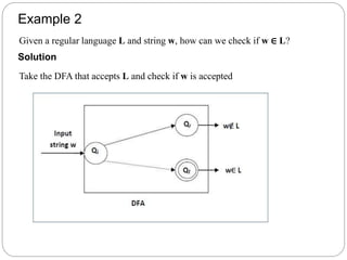 Example 2
Given a regular language L and string w, how can we check if w ∈ L?
Solution
Take the DFA that accepts L and check if w is accepted
 
