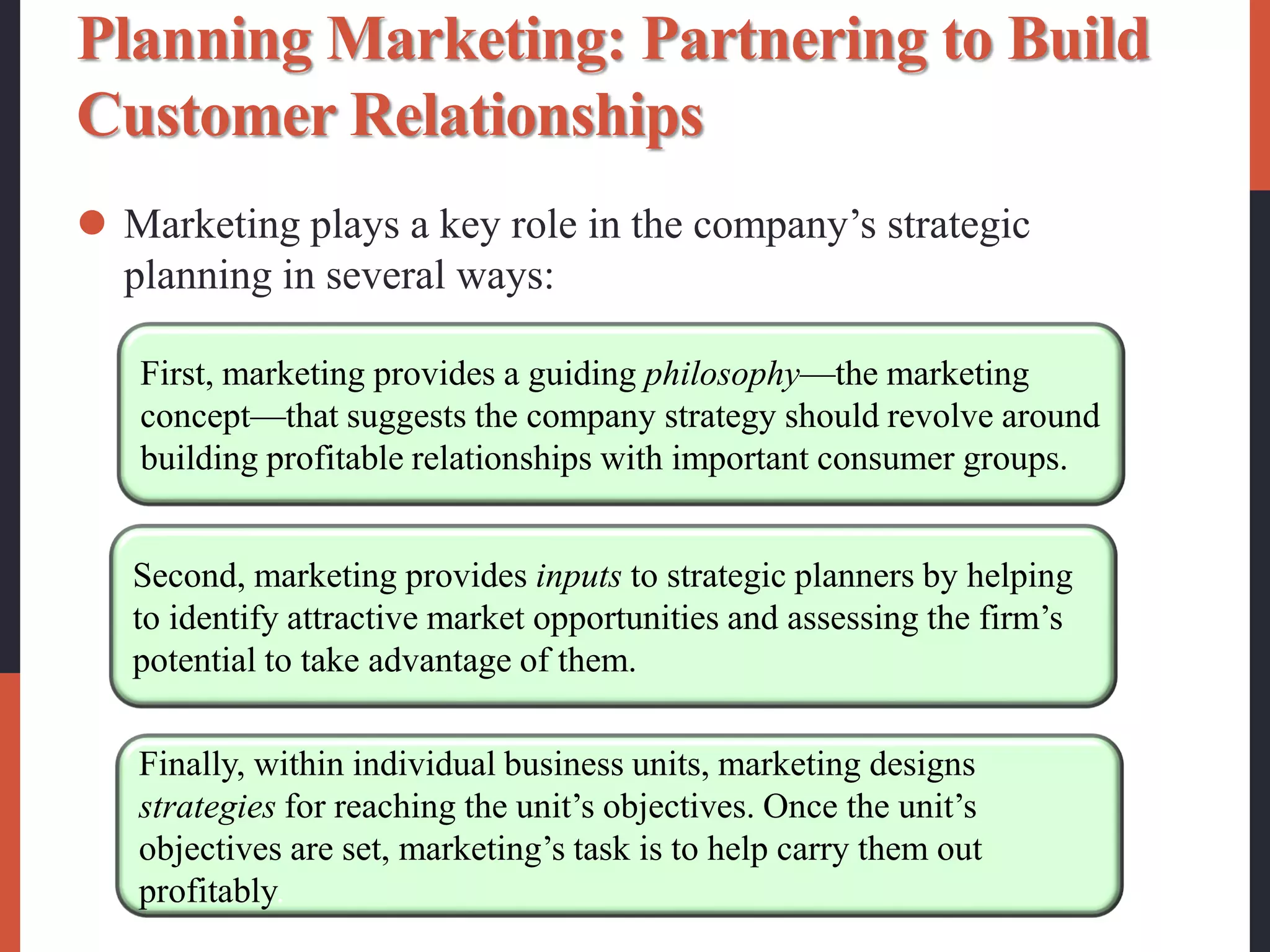Planning Marketing: Partnering to Build
Customer Relationships
 Marketing plays a key role in the company’s strategic
planning in several ways:
First, marketing provides a guiding philosophy—the marketing
concept—that suggests the company strategy should revolve around
building profitable relationships with important consumer groups.
Second, marketing provides inputs to strategic planners by helping
to identify attractive market opportunities and assessing the firm’s
potential to take advantage of them.
Finally, within individual business units, marketing designs
strategies for reaching the unit’s objectives. Once the unit’s
objectives are set, marketing’s task is to help carry them out
profitably.
 