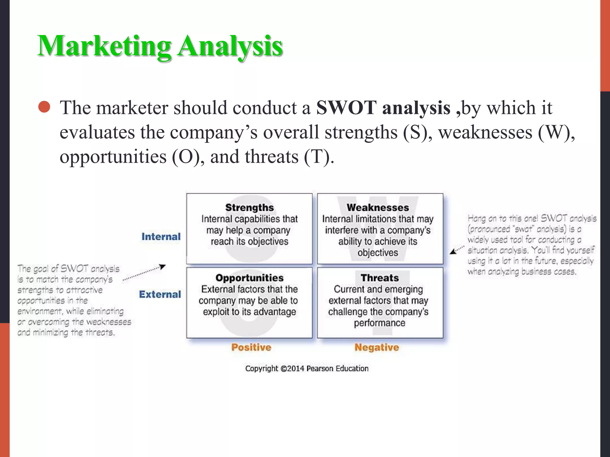 Marketing Analysis
 The marketer should conduct a SWOT analysis ,by which it
evaluates the company’s overall strengths (S), weaknesses (W),
opportunities (O), and threats (T).
 