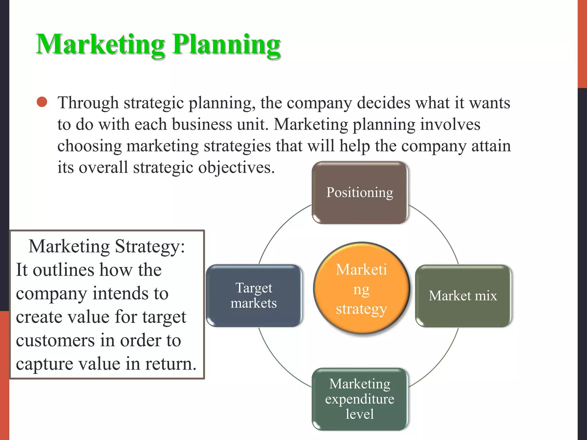 Marketing Planning
 Through strategic planning, the company decides what it wants
to do with each business unit. Marketing planning involves
choosing marketing strategies that will help the company attain
its overall strategic objectives.
Positioning
Market mix
Marketing
expenditure
level
Target
markets
Marketi
ng
strategy
Marketing Strategy:
It outlines how the
company intends to
create value for target
customers in order to
capture value in return.
 