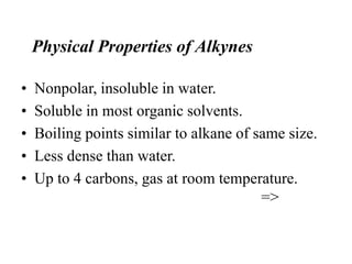 Physical Properties of Alkynes
• Nonpolar, insoluble in water.
• Soluble in most organic solvents.
• Boiling points similar to alkane of same size.
• Less dense than water.
• Up to 4 carbons, gas at room temperature.
=>
 