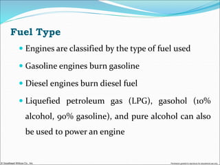 © Goodheart-Willcox Co., Inc. Permission granted to reproduce for educational use only
Fuel Type
 Engines are classified by the type of fuel used
 Gasoline engines burn gasoline
 Diesel engines burn diesel fuel
 Liquefied petroleum gas (LPG), gasohol (10%
alcohol, 90% gasoline), and pure alcohol can also
be used to power an engine
 