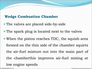 © Goodheart-Willcox Co., Inc. Permission granted to reproduce for educational use only
Wedge Combustion Chamber
 The valves are placed side-by-side
 The spark plug is located next to the valves
 When the piston reaches TDC, the squish area
formed on the thin side of the chamber squirts
the air-fuel mixture out into the main part of
the chamberthis improves air-fuel mixing at
low engine speeds
 