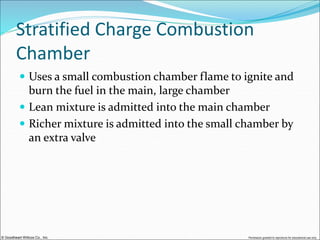 © Goodheart-Willcox Co., Inc. Permission granted to reproduce for educational use only
Stratified Charge Combustion
Chamber
 Uses a small combustion chamber flame to ignite and
burn the fuel in the main, large chamber
 Lean mixture is admitted into the main chamber
 Richer mixture is admitted into the small chamber by
an extra valve
 