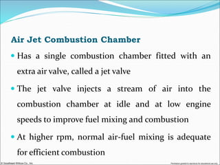 © Goodheart-Willcox Co., Inc. Permission granted to reproduce for educational use only
Air Jet Combustion Chamber
 Has a single combustion chamber fitted with an
extra air valve, called a jet valve
 The jet valve injects a stream of air into the
combustion chamber at idle and at low engine
speeds to improve fuel mixing and combustion
 At higher rpm, normal air-fuel mixing is adequate
for efficient combustion
 