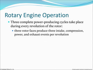 © Goodheart-Willcox Co., Inc. Permission granted to reproduce for educational use only
Rotary Engine Operation
 Three complete power-producing cycles take place
during every revolution of the rotor:
 three rotor faces produce three intake, compression,
power, and exhaust events per revolution
 