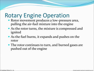 © Goodheart-Willcox Co., Inc. Permission granted to reproduce for educational use only
Rotary Engine Operation
 Rotor movement produces a low-pressure area,
pulling the air-fuel mixture into the engine
 As the rotor turns, the mixture is compressed and
ignited
 As the fuel burns, it expands and pushes on the
rotor
 The rotor continues to turn, and burned gases are
pushed out of the engine
 