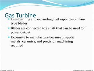 © Goodheart-Willcox Co., Inc. Permission granted to reproduce for educational use only
Gas Turbine
 Uses burning and expanding fuel vapor to spin fan-
type blades
 Blades are connected to a shaft that can be used for
power output
 Expensive to manufacture because of special
metals, ceramics, and precision machining
required
 