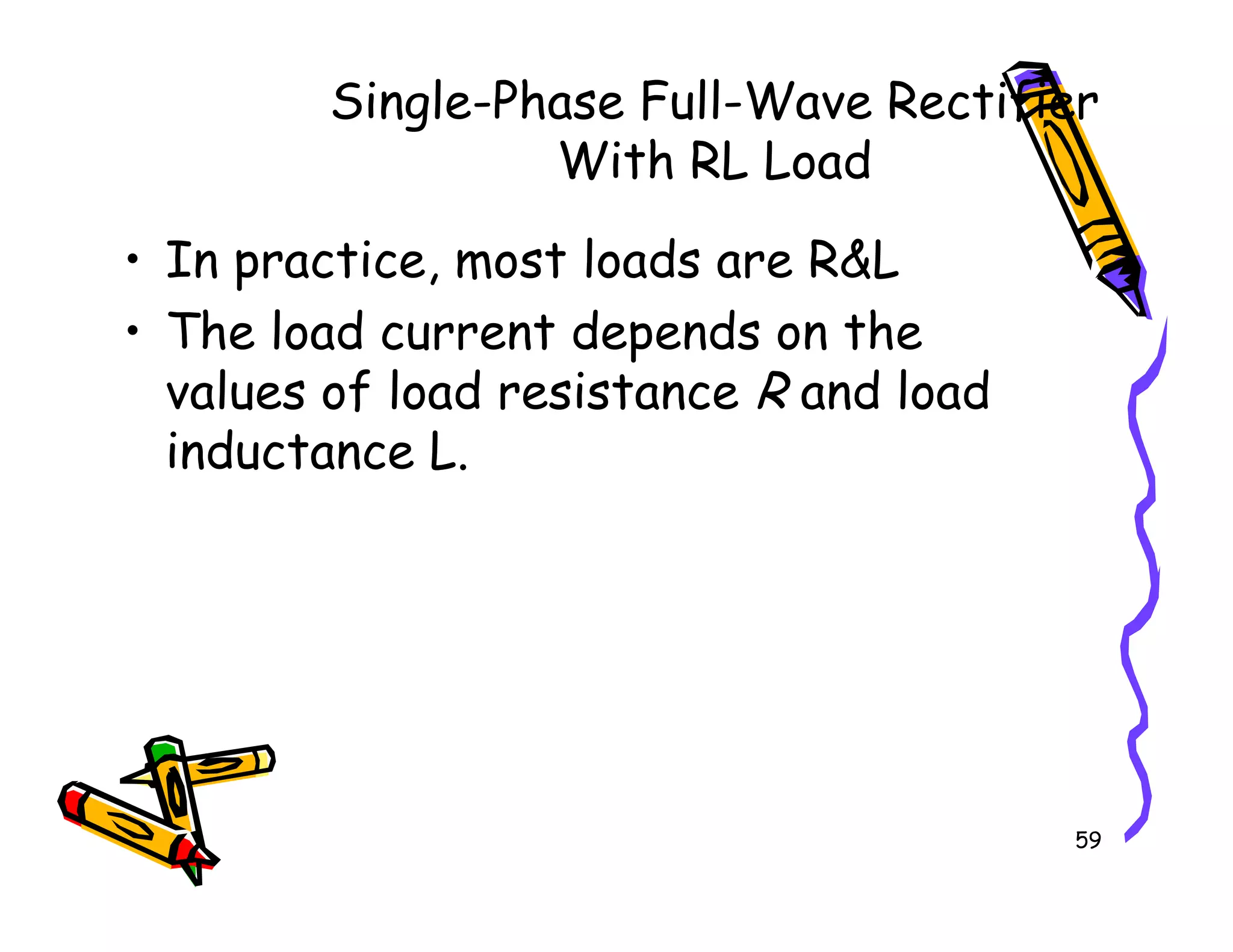 Single-Phase Full-Wave Rectifier
With RL Load
• In practice, most loads are R&L
• The load current depends on the
values of load resistance R and load
inductance L.
59
inductance L.
 
