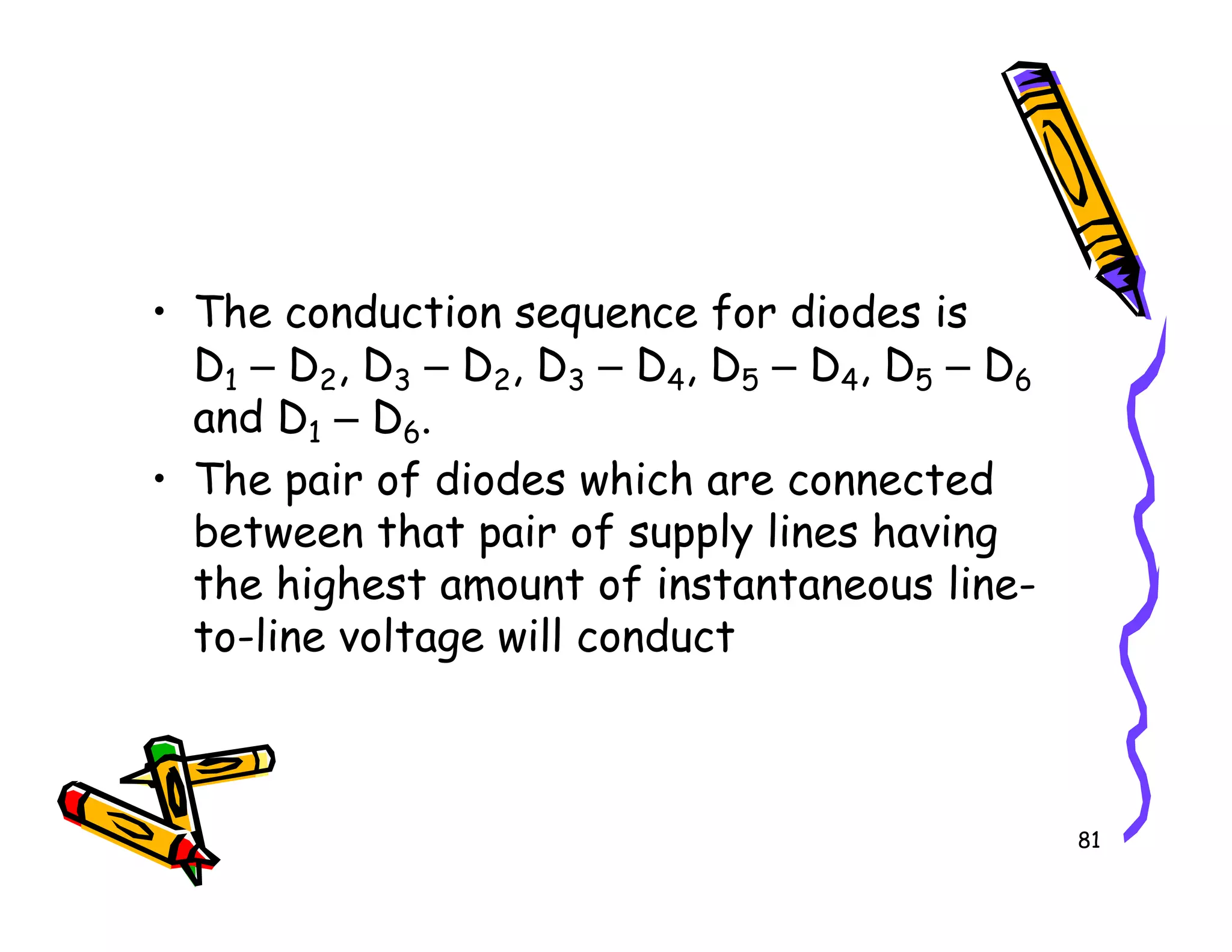 • The conduction sequence for diodes is
D1 – D2, D3 – D2, D3 – D4, D5 – D4, D5 – D6
and D1 – D6.
• The pair of diodes which are connected
81
• The pair of diodes which are connected
between that pair of supply lines having
the highest amount of instantaneous line-
to-line voltage will conduct
 