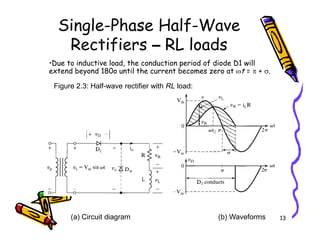 Single-Phase Half-Wave
Rectifiers – RL loads
•Due to inductive load, the conduction period of diode D1 will
extend beyond 180o until the current becomes zero at ωt = π + σ.
Figure 2.3: Half-wave rectifier with RL load:
13
(a) Circuit diagram (b) Waveforms
 