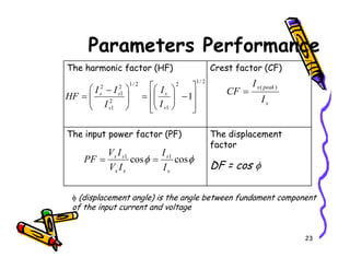 Parameters Performance
The harmonic factor (HF) Crest factor (CF)
The input power factor (PF) The displacement
2
/
1
2
1
2
/
1
2
1
2
1
2
1








−








=







 −
=
s
s
s
s
s
I
I
I
I
I
HF
s
peak
s
I
I
CF
)
(
=
23
The input power factor (PF) The displacement
factor
DF = cos φ
φ
φ cos
cos 1
1
s
s
s
s
s
s
I
I
I
V
I
V
PF =
=
φ (displacement angle) is the angle between fundament component
of the input current and voltage
 
