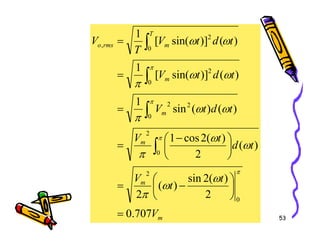 m
m
T
m
rms
o
t
d
t
V
t
d
t
V
t
d
t
V
T
V
)
(
)
(
sin
1
)
(
)]
sin(
[
1
)
(
)]
sin(
[
1
0
2
2
0
2
0
2
,
=
=
=
∫
∫
∫
π
π
ω
ω
π
ω
ω
π
ω
ω
53
m
m
m
V
t
t
V
t
d
t
V
707
.
0
2
)
(
2
sin
)
(
2
)
(
2
)
(
2
cos
1
0
2
0
2
=






−
=





 −
= ∫
π
π
ω
ω
π
ω
ω
π
π
 