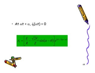 • At ωt = α, i0(ωt) = 0
2V
E 

68
( ) ( )( )
ω
α
θ
α /
/
1 sin
2 L
R
s
e
Z
V
R
E
A 





−
−
=
 