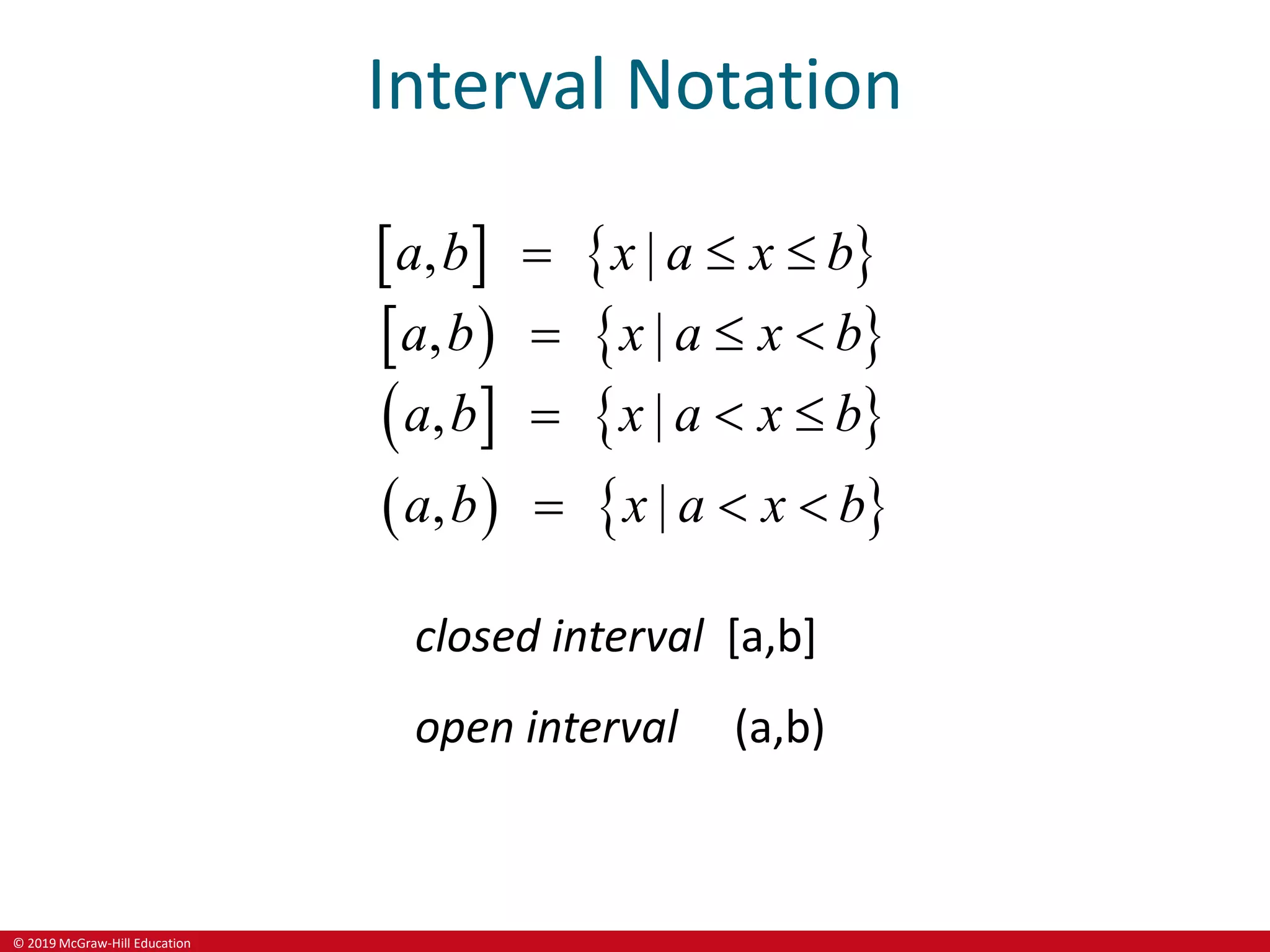 © 2019 McGraw-Hill Education
Interval Notation
closed interval [a,b]
open interval (a,b)
   
   

  
   
|
|
|
,
,
,
, |
a b x a x b
a b x a x b
a b x a x b
a b x a x b
  
  
  
  
 