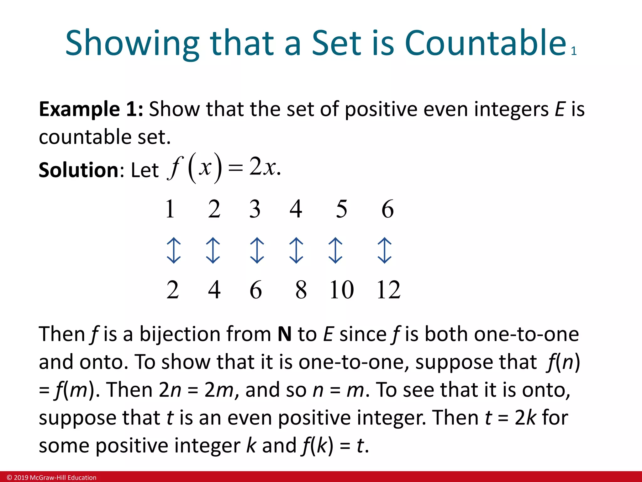 © 2019 McGraw-Hill Education
Showing that a Set is Countable1
Example 1: Show that the set of positive even integers E is
countable set.
Solution: Let   2 .
1 2 3 4 5 6
2 4 6 8 10 12
f x x

Then f is a bijection from N to E since f is both one-to-one
and onto. To show that it is one-to-one, suppose that f(n)
= f(m). Then 2n = 2m, and so n = m. To see that it is onto,
suppose that t is an even positive integer. Then t = 2k for
some positive integer k and f(k) = t.
 