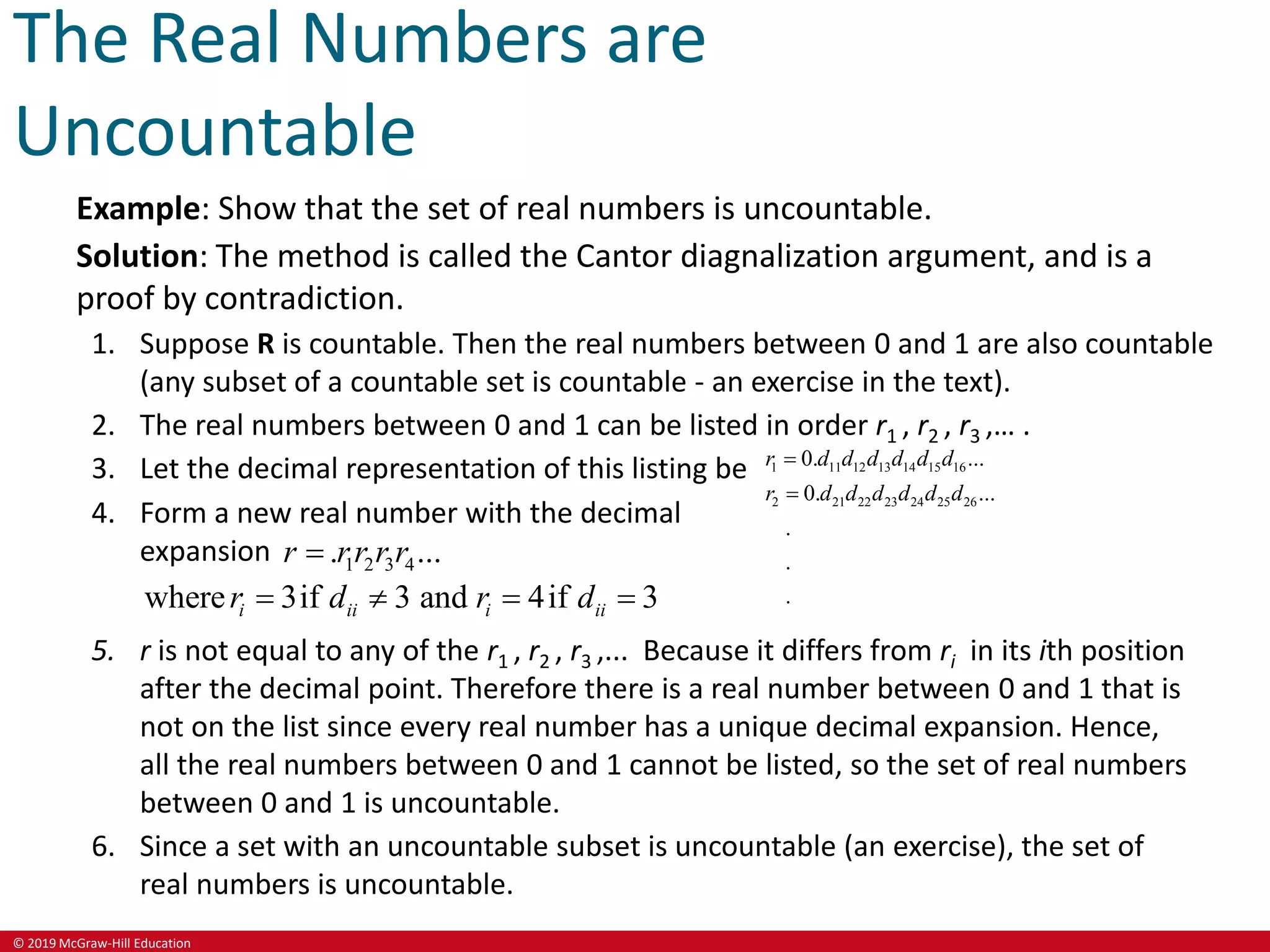 © 2019 McGraw-Hill Education
The Real Numbers are
Uncountable
Example: Show that the set of real numbers is uncountable.
Solution: The method is called the Cantor diagnalization argument, and is a
proof by contradiction.
1. Suppose R is countable. Then the real numbers between 0 and 1 are also countable
(any subset of a countable set is countable - an exercise in the text).
2. The real numbers between 0 and 1 can be listed in order r1 , r2 , r3 ,… .
3. Let the decimal representation of this listing be 1 11 12 13 14 15 16
2 21 22 23 24 25 26
0. ...
0. ...
.
.
.
r d d d d d d
r d d d d d d


4. Form a new real number with the decimal
expansion 1 2 3 4
. ...
r rr r r

where 3if 3 and 4if 3
i ii i ii
r d r d
   
5. r is not equal to any of the r1 , r2 , r3 ,... Because it differs from ri in its ith position
after the decimal point. Therefore there is a real number between 0 and 1 that is
not on the list since every real number has a unique decimal expansion. Hence,
all the real numbers between 0 and 1 cannot be listed, so the set of real numbers
between 0 and 1 is uncountable.
6. Since a set with an uncountable subset is uncountable (an exercise), the set of
real numbers is uncountable.
 