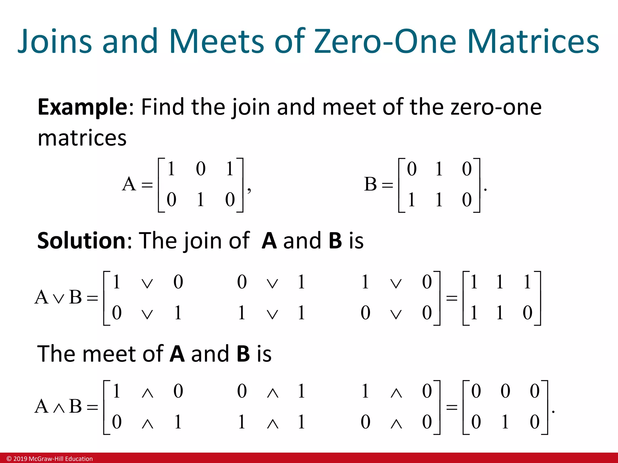© 2019 McGraw-Hill Education
Joins and Meets of Zero-One Matrices
Example: Find the join and meet of the zero-one
matrices
1 0 1
A ,
0 1 0
 
  
 
0 1 0
B .
1 1 0
 
  
 
Solution: The join of A and B is
1 0 0 1 1 0 1 1 1
A B
0 1 1 1 0 0 1 1 0
  
   
  
   
  
   
The meet of A and B is
1 0 0 1 1 0 0 0 0
A B .
0 1 1 1 0 0 0 1 0
  
   
  
   
  
   
 