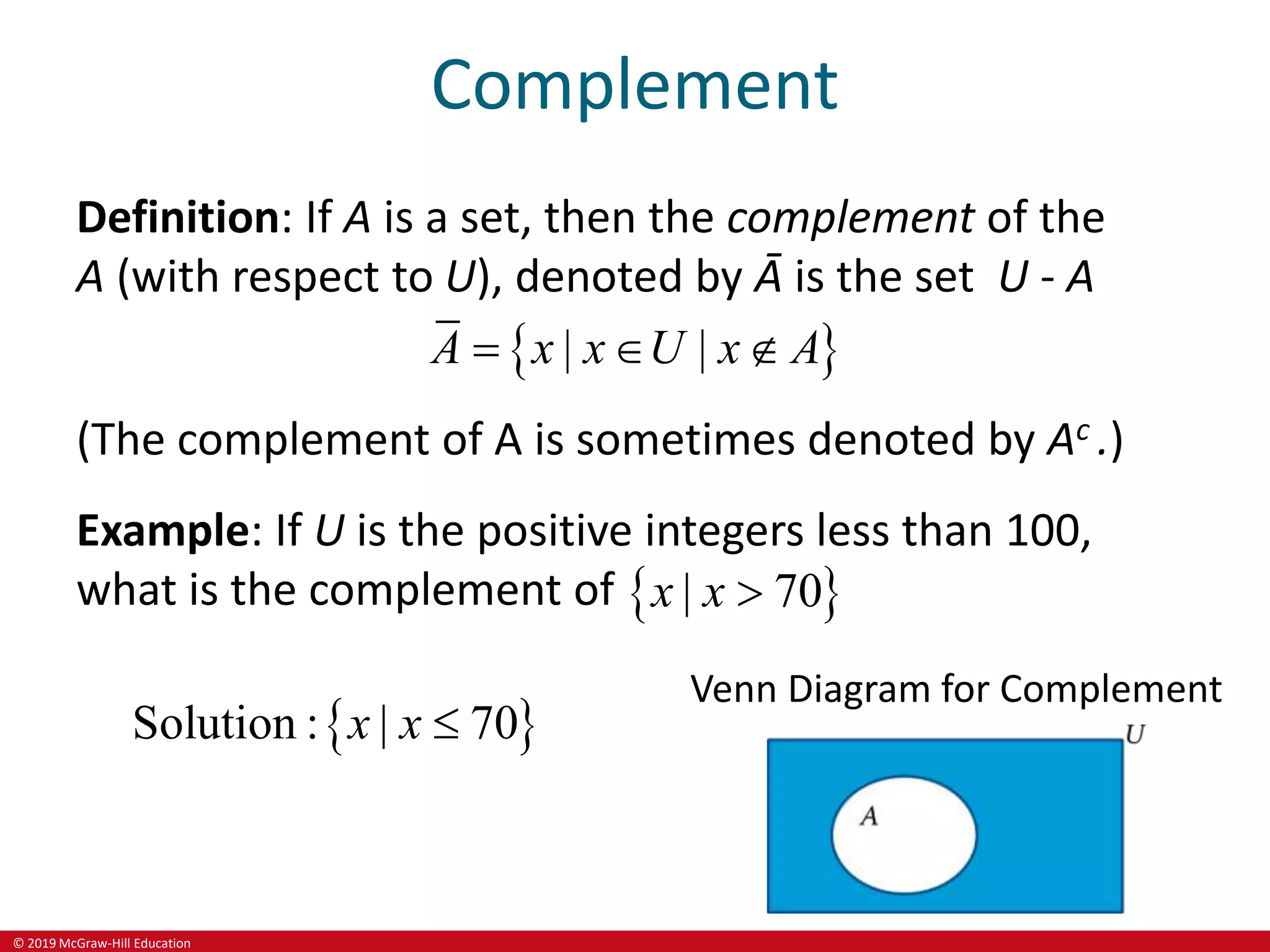 © 2019 McGraw-Hill Education
Complement
Definition: If A is a set, then the complement of the
A (with respect to U), denoted by Ā is the set U - A
 
| |
A x x U x A
  
(The complement of A is sometimes denoted by Ac .)
Example: If U is the positive integers less than 100,
what is the complement of  
| 70
x x 
 
0
Solution : | 7
x x 
Venn Diagram for Complement
 