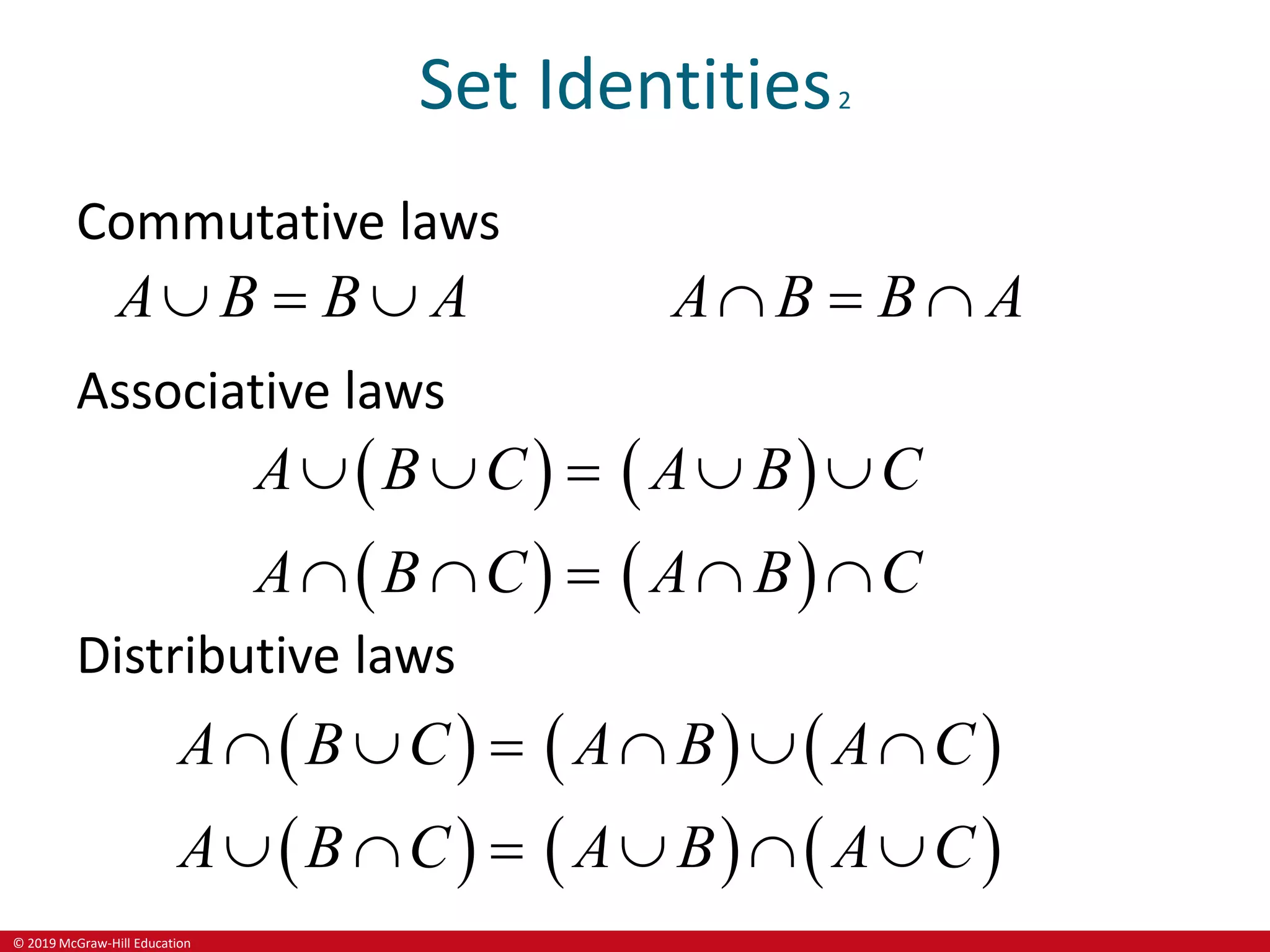 © 2019 McGraw-Hill Education
Set Identities2
Commutative laws
A B B A A B B A
     
Associative laws
   
   
A B C A B C
A B C A B C
    
    
Distributive laws
     
     
A B C A B A C
A B C A B A C
     
     
 