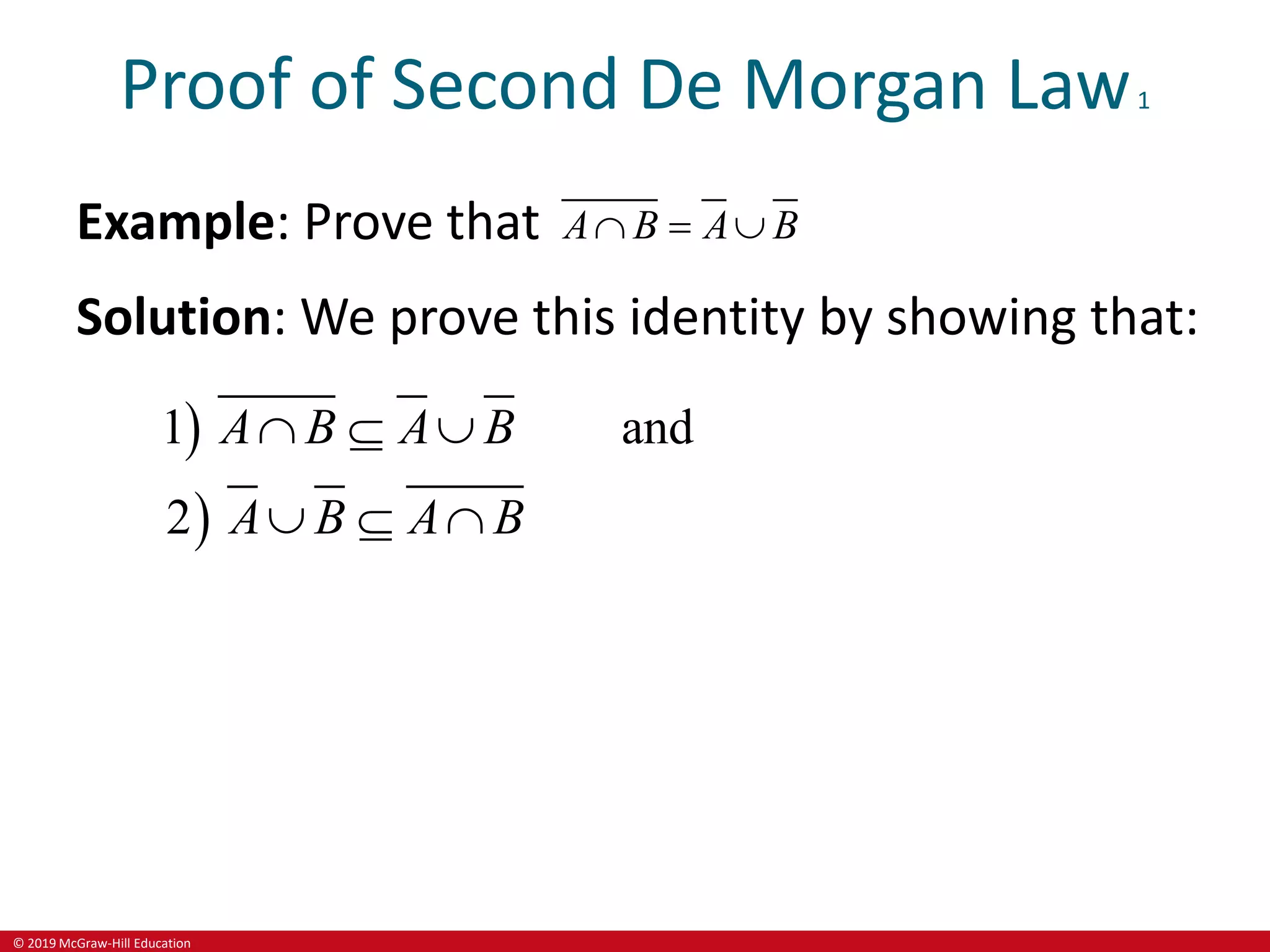 © 2019 McGraw-Hill Education
Proof of Second De Morgan Law1
Example: Prove that A B A B
  
Solution: We prove this identity by showing that:


1 and
2
A B A B
A B A B
  
  
 