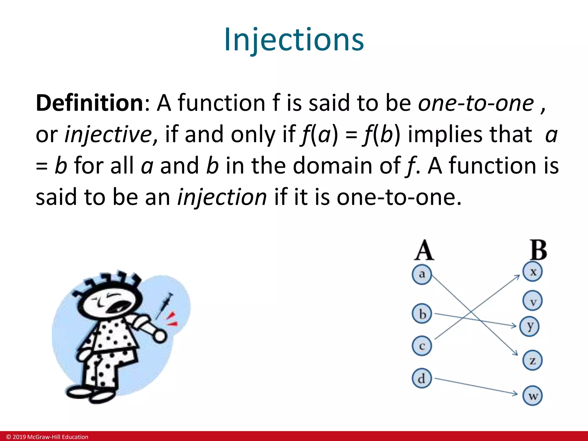 © 2019 McGraw-Hill Education
Injections
Definition: A function f is said to be one-to-one ,
or injective, if and only if f(a) = f(b) implies that a
= b for all a and b in the domain of f. A function is
said to be an injection if it is one-to-one.
 