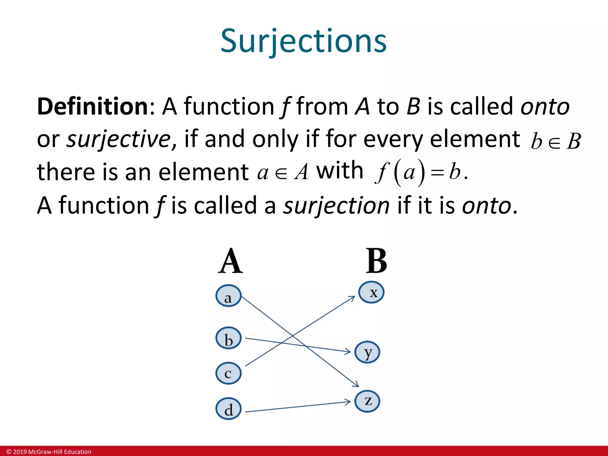 © 2019 McGraw-Hill Education
Surjections
Definition: A function f from A to B is called onto
or surjective, if and only if for every element b B

there is an element a A
 with   .
f a b

A function f is called a surjection if it is onto.
 