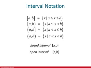 © 2019 McGraw-Hill Education
Interval Notation
closed interval [a,b]
open interval (a,b)
   
   

  
   
|
|
|
,
,
,
, |
a b x a x b
a b x a x b
a b x a x b
a b x a x b
  
  
  
  
 