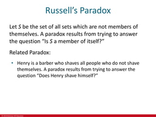 © 2019 McGraw-Hill Education
Russell’s Paradox
Let S be the set of all sets which are not members of
themselves. A paradox results from trying to answer
the question “Is S a member of itself?”
Related Paradox:
• Henry is a barber who shaves all people who do not shave
themselves. A paradox results from trying to answer the
question “Does Henry shave himself?”
 