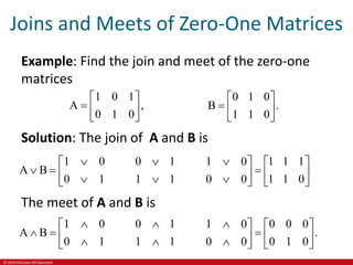 © 2019 McGraw-Hill Education
Joins and Meets of Zero-One Matrices
Example: Find the join and meet of the zero-one
matrices
1 0 1
A ,
0 1 0
 
  
 
0 1 0
B .
1 1 0
 
  
 
Solution: The join of A and B is
1 0 0 1 1 0 1 1 1
A B
0 1 1 1 0 0 1 1 0
  
   
  
   
  
   
The meet of A and B is
1 0 0 1 1 0 0 0 0
A B .
0 1 1 1 0 0 0 1 0
  
   
  
   
  
   
 