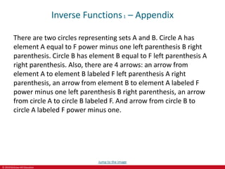 © 2019 McGraw-Hill Education
Inverse Functions1 – Appendix
There are two circles representing sets A and B. Circle A has
element A equal to F power minus one left parenthesis B right
parenthesis. Circle B has element B equal to F left parenthesis A
right parenthesis. Also, there are 4 arrows: an arrow from
element A to element B labeled F left parenthesis A right
parenthesis, an arrow from element B to element A labeled F
power minus one left parenthesis B right parenthesis, an arrow
from circle A to circle B labeled F. And arrow from circle B to
circle A labeled F power minus one.
Jump to the image
 