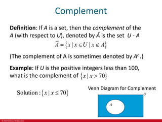 © 2019 McGraw-Hill Education
Complement
Definition: If A is a set, then the complement of the
A (with respect to U), denoted by Ā is the set U - A
 
| |
A x x U x A
  
(The complement of A is sometimes denoted by Ac .)
Example: If U is the positive integers less than 100,
what is the complement of  
| 70
x x 
 
0
Solution : | 7
x x 
Venn Diagram for Complement
 